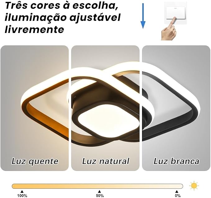 Luminária de Teto Led Moderna,Plafon Teto Pendente Led Sobrepor 3 Cores,Luz de Led Branco Quente e Frio Banheiro Quarto Escritório (Quadrado) - Imagem 3