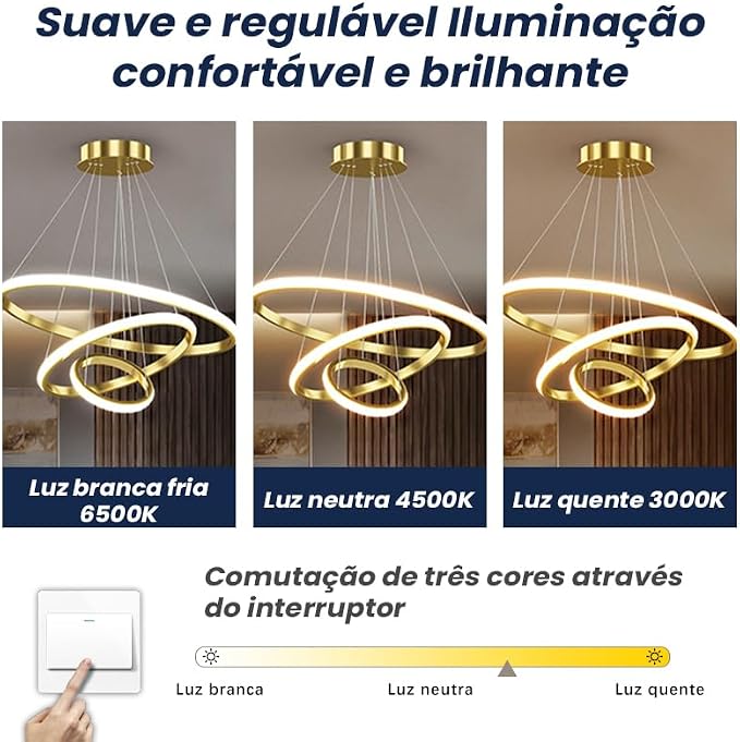 Luminaria de Teto Led, 3 Cores Plafon Luz de Led Sobrepor, Lustre Para Sala Branco Quente e Frio Banheiro Quarto Escritório 127-220V (Americano) - Imagem 3