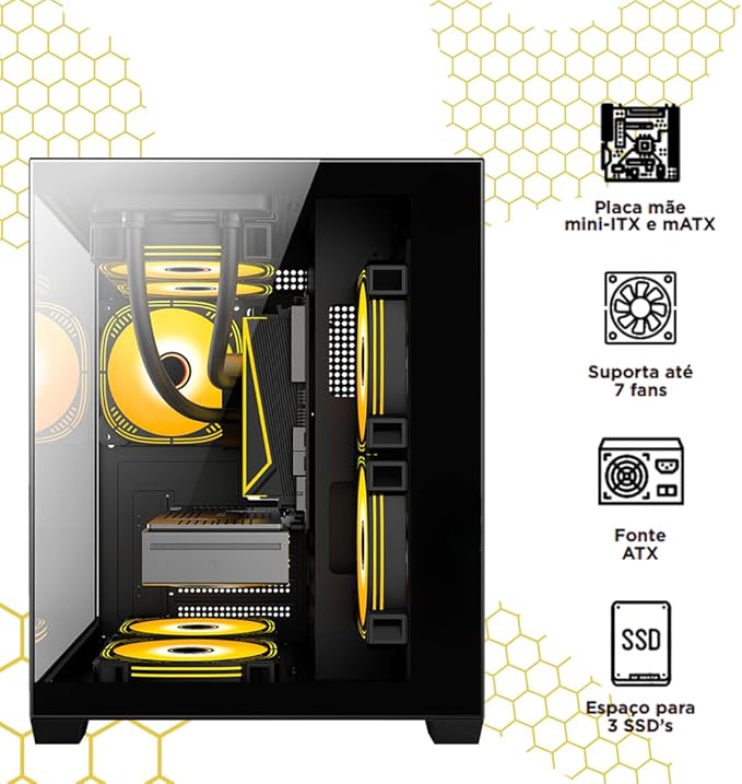 Gabinete Gamer Aquário Lateral Vidro Espaçoso Grande Preto - Imagem 2