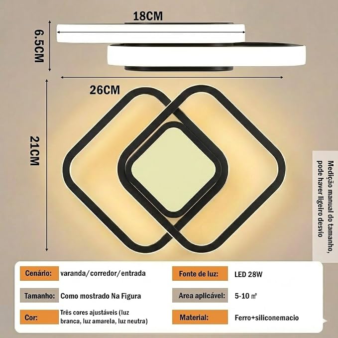 Luminária de Teto Led Moderna,Plafon Teto Pendente Led Sobrepor 3 Cores,Luz de Led Branco Quente e Frio Banheiro Quarto Escritório (Quadrado) - Imagem 2