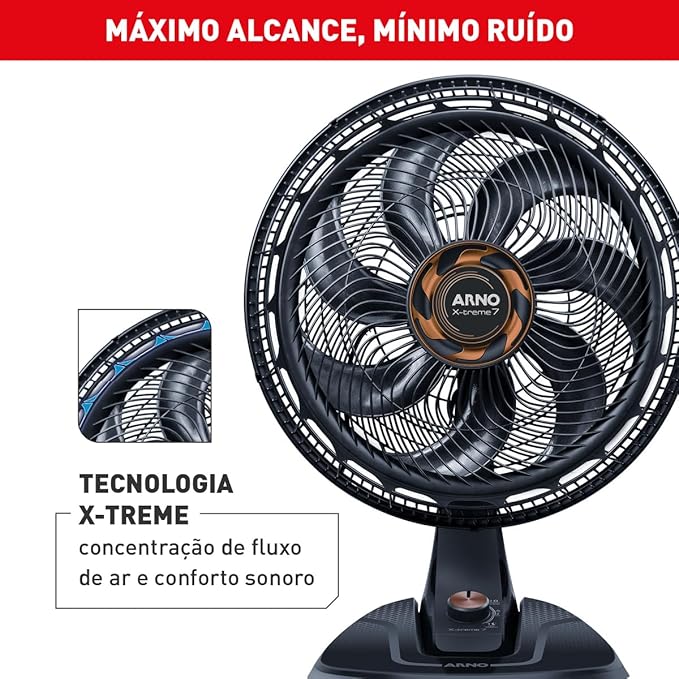Ventilador de Mesa Arno X-TREME 7 Cinza 40cm VE71, 150W, 7 Pás, 3 Velocidades, Oscilação 80º, Power Zone, Modo Noturno Silencioso, 220V - Imagem 3