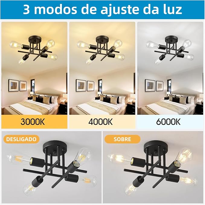 BEMMY Luminária de Teto, Luminária Pendente De 4 Cabeças Preto, Luminária Pendente De Teto Regulável 85-265V Iluminação de 3 Tons(Lâmpada Não Incluída) - Imagem 3