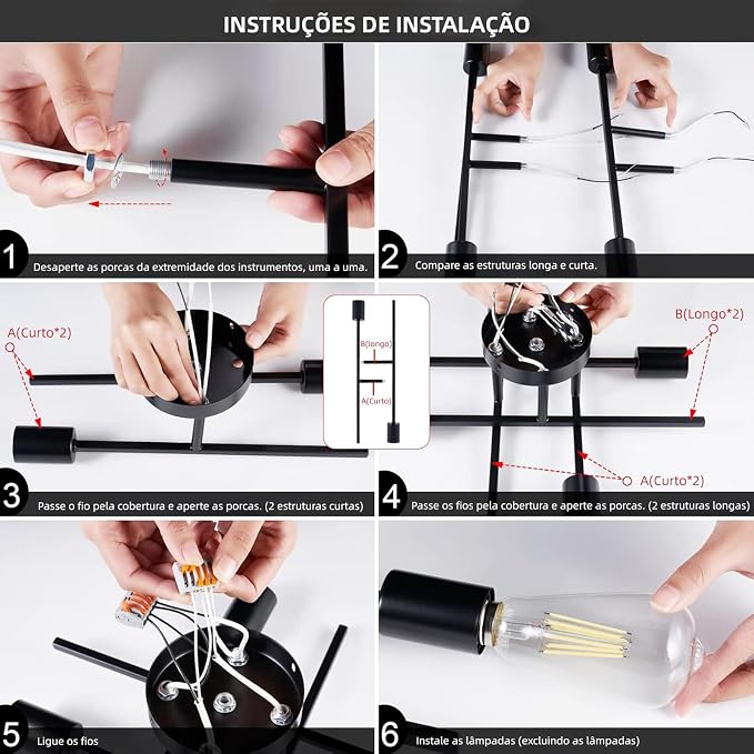BEMMY Luminária de Teto, Luminária Pendente De 4 Cabeças Preto, Luminária Pendente De Teto Regulável 85-265V Iluminação de 3 Tons(Lâmpada Não Incluída) - Imagem 4