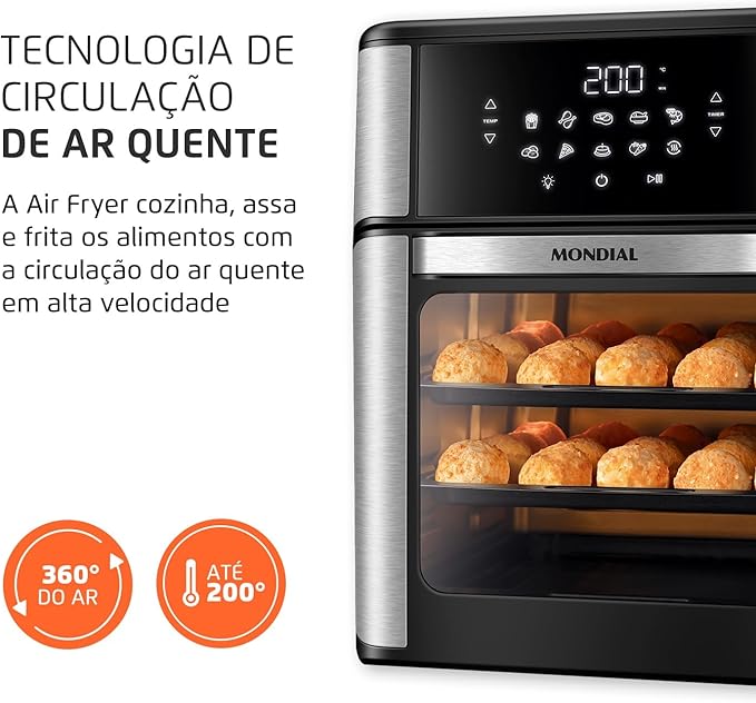 MONDIAL Fritadeira Air Fryer Forno Oven 12L, Preto/Inox, 2000W, 220V - AFON-12L-BI - Imagem 4