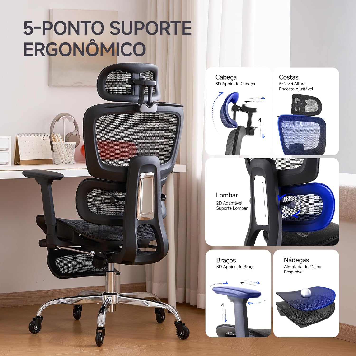 LarkLeaves Cadeira de Escritório com Descanso para os Pés, Cadeira Ergonômica com Travesseiro para Pescoço e Rodas de Borracha, Cadeira Gamer com Encosto Ajustável e Apoios de Braço 3D, Preto - Imagem 5