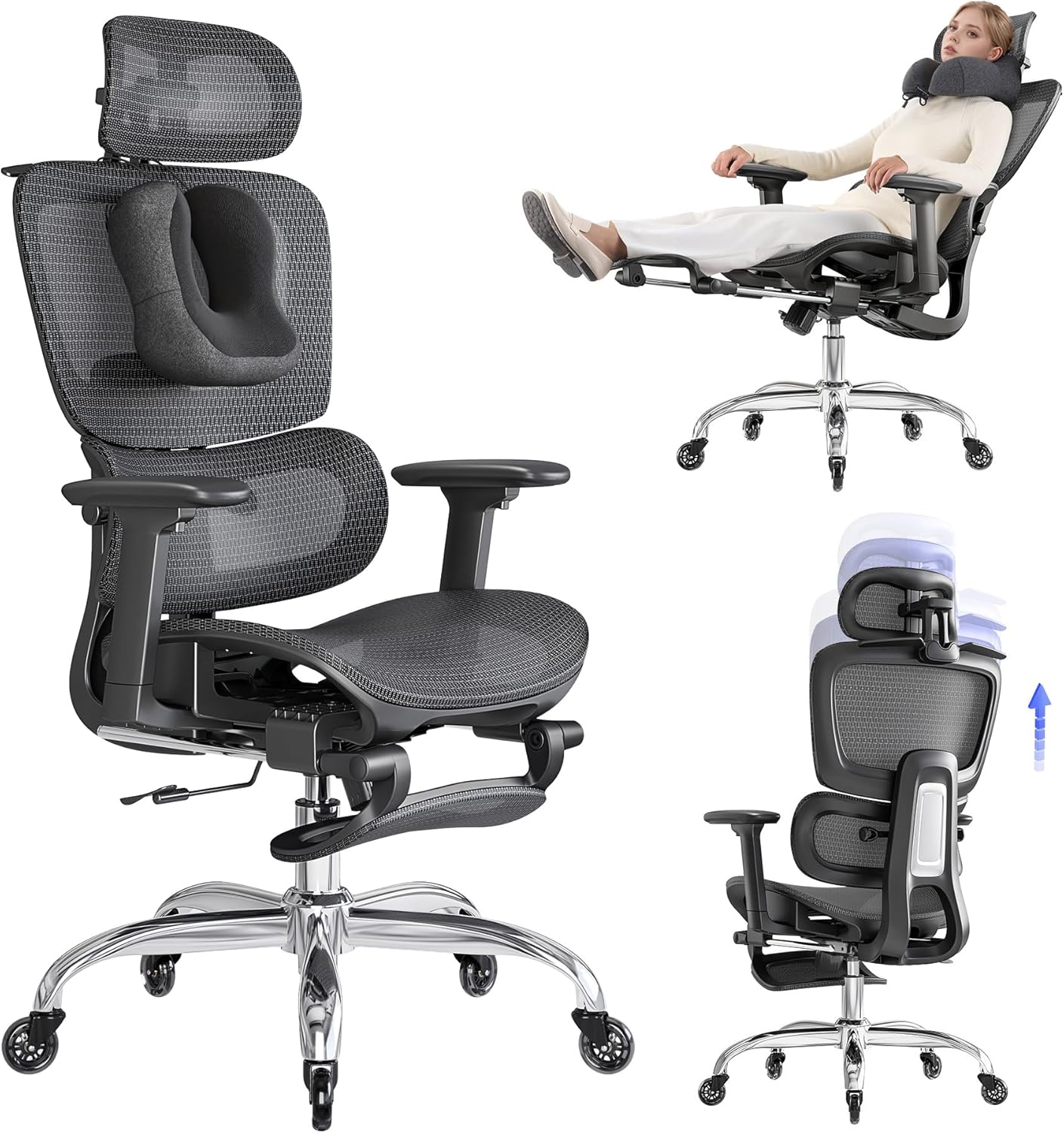 LarkLeaves Cadeira de Escritório com Descanso para os Pés, Cadeira Ergonômica com Travesseiro para Pescoço e Rodas de Borracha, Cadeira Gamer com Encosto Ajustável e Apoios de Braço 3D, Preto