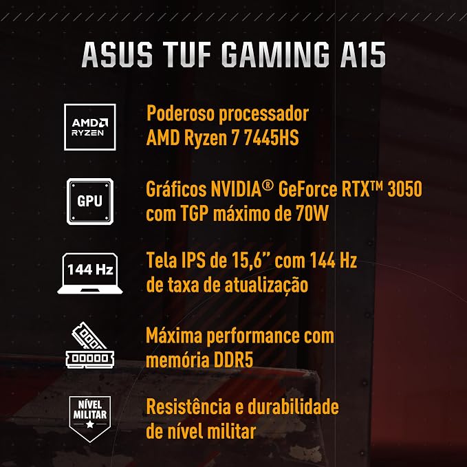 Notebook Gamer ASUS TUF Gaming A15, RTX3050 AMD RYZEN 7, 16 GB, 512 GB SSD, W11 Home, 15.6'' IPS 144Hz, Graphite Black - FA506NCG-HN217W - Imagem 2