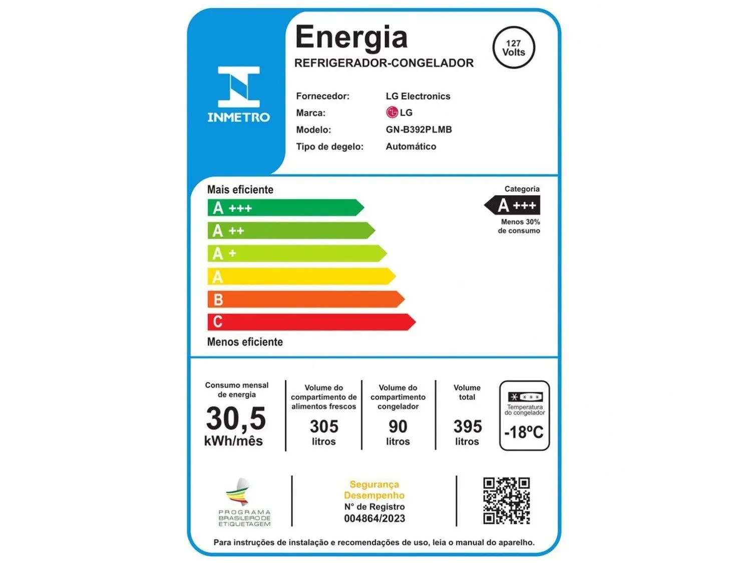 Geladeira/Refrigerador LG Frost Free Duplex 395L - GN-B392PLM Compressor Inverter 110/220V - Imagem 8