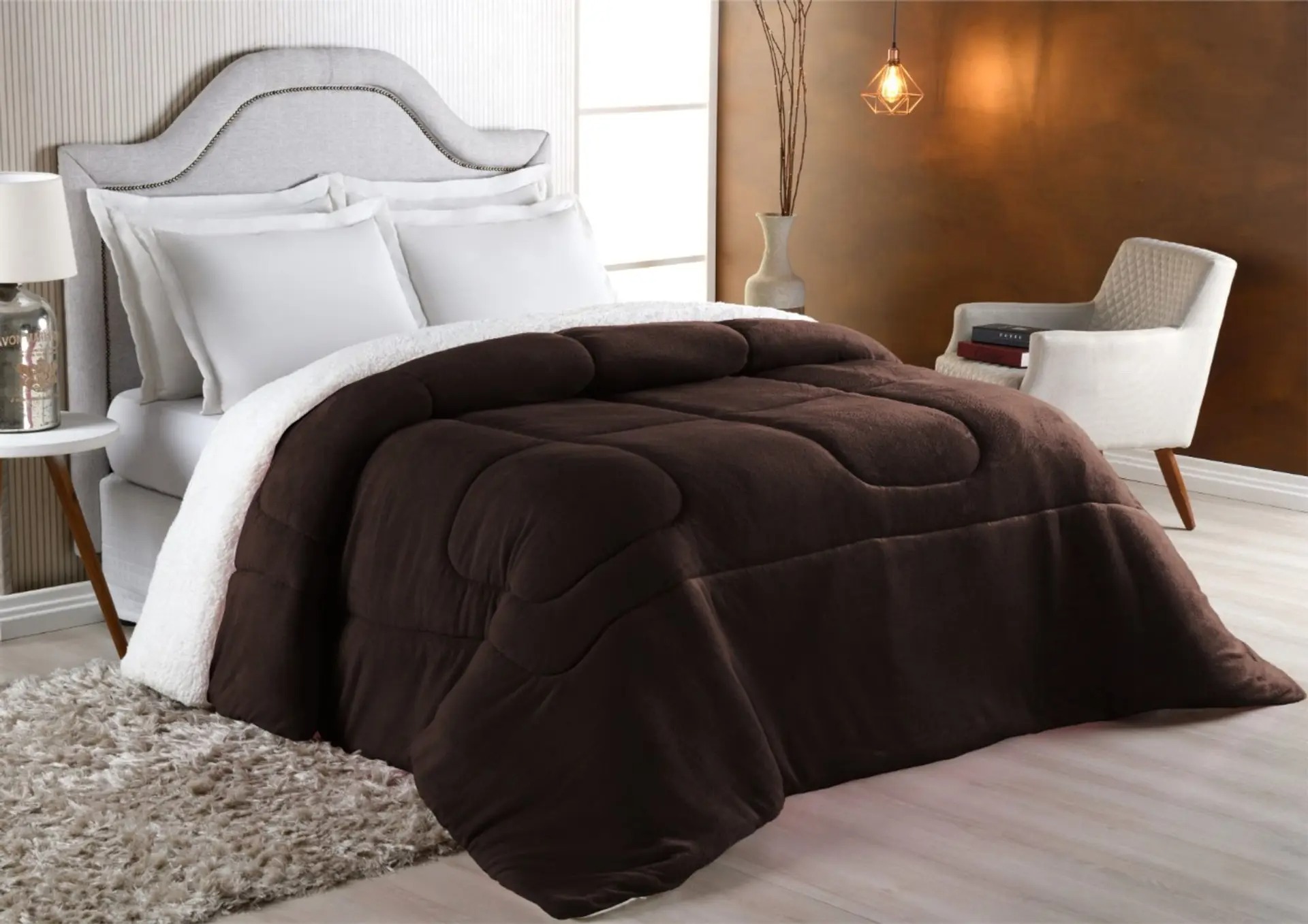 Coberdrom king Size Dupla Face - Sherpa com Manta Coral Fleece Tabaco - MAVILLE