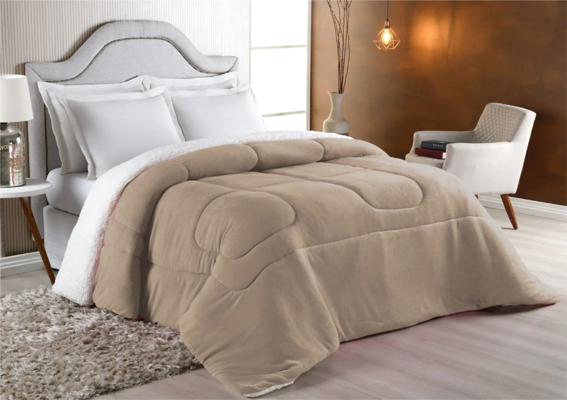 Coberdrom king Size Dupla Face - Sherpa com Manta Coral Fleece Avelã - MAVILLE