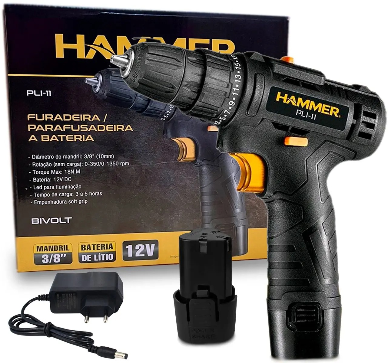 Furadeira Parafusadeira A Bateria 12v Bivolt 3/8 10mm - Hammer