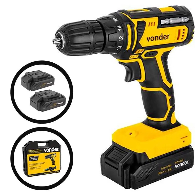 Furadeira e Parafusadeira à Bateria 20V Com Maleta 2 Baterias e Acessórios Bivolt PFV020 VONDER