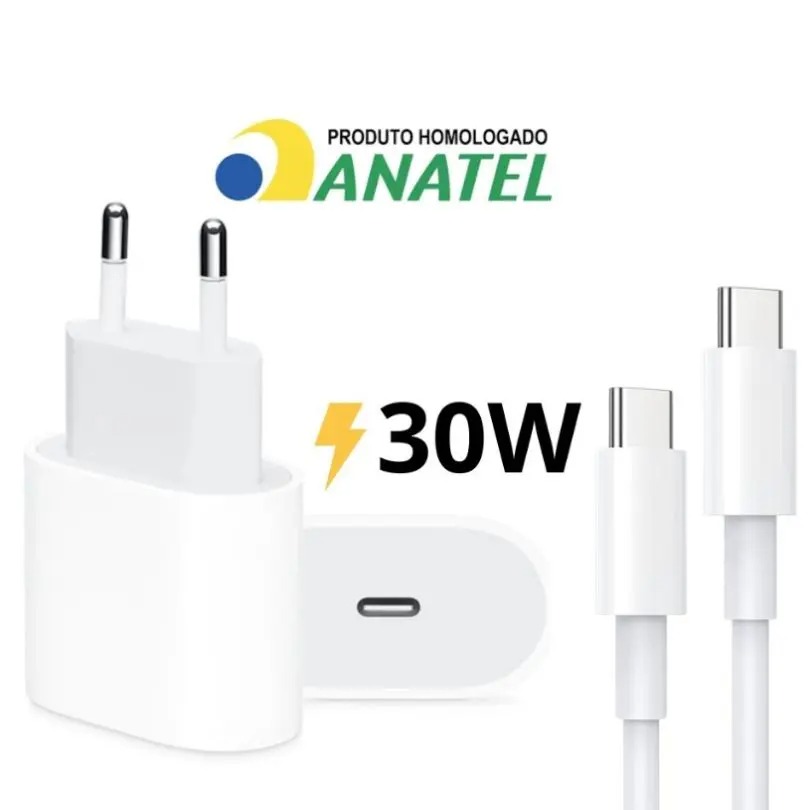 Carregador Turbo 30w Compatível com iPhone 15 15Pro 15ProMax 16 16Pro 16ProMax 17 17Pro 17ProMax USBC Bivolt Completo Cabo Fonte 30W Bivolt - AGold - Imagem 2