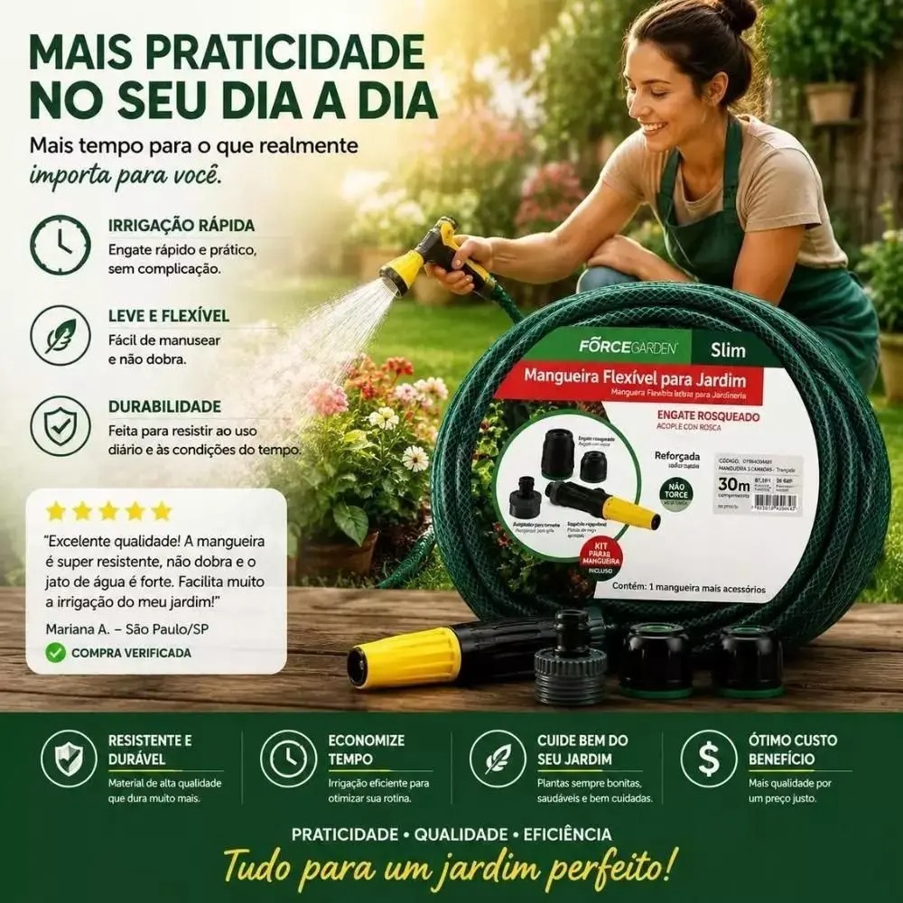 Mangueira Jardim 30 Metros Com Esguicho Trançada Reforçada Flexível Anti Dobra Irrigação Quintal - Force Line - Imagem 4