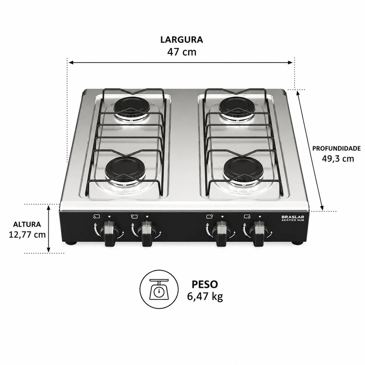 Fogão Cooktop de Mesa 4 Bocas Gás Portátil Braslar Inox Preto e Branco 110/220V - Imagem 2