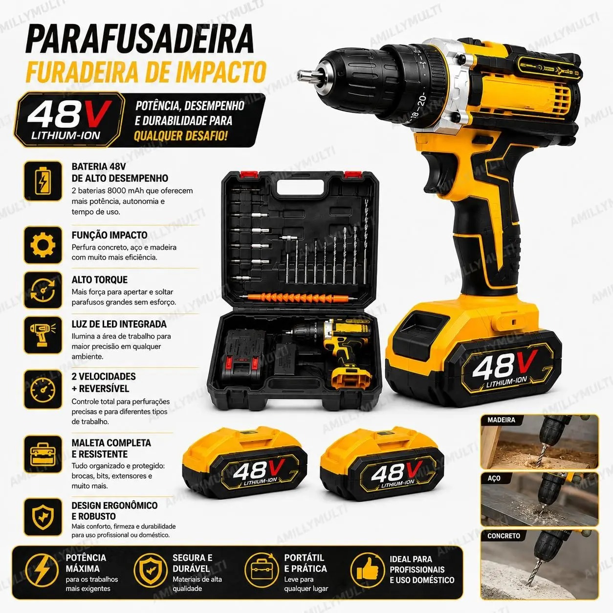 Parafusadeira Furadeira De Impacto 48V 80 N.M. Profissional 2 Baterias 8000 mAh Com Maleta - compatível - Imagem 3