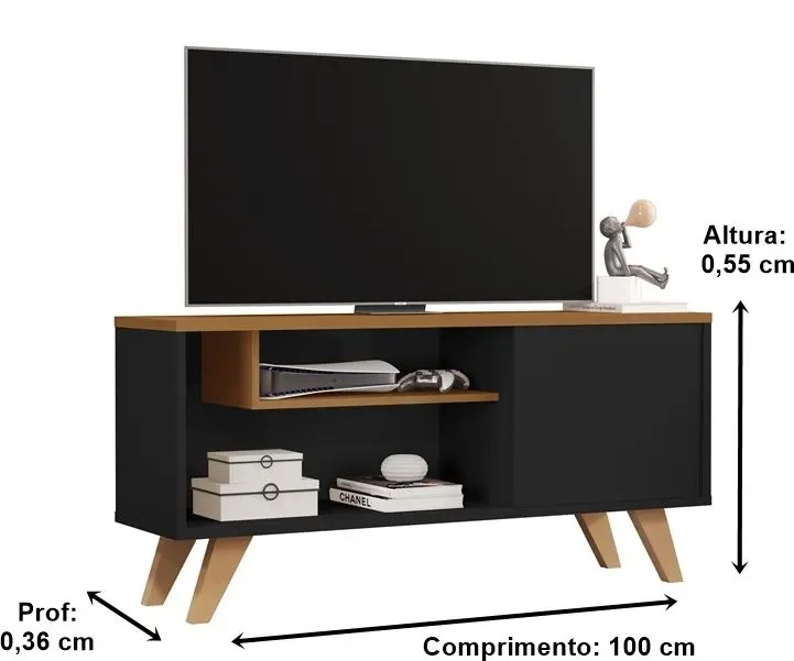 Rack Bancada Para tvs Pés Palito Retrô Com Porta e Nicho Eitor cor: Preto / Nature - MJM Casa dos Moveis - MJM Casa dos Móveis - Imagem 2