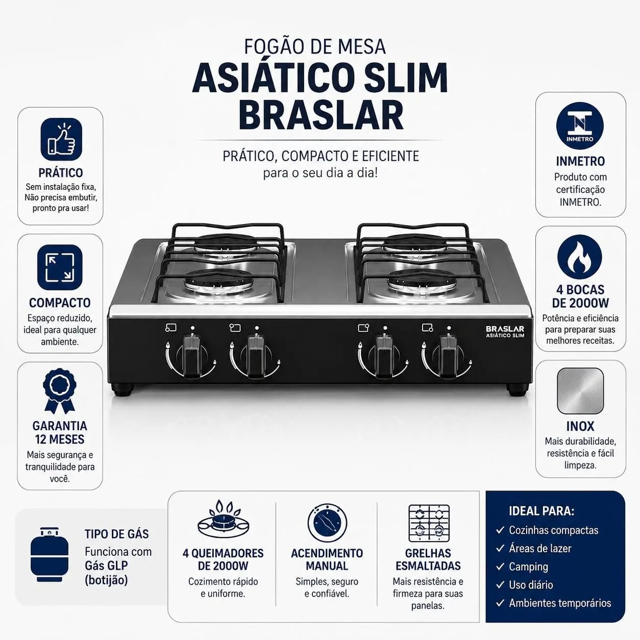 Fogão Cooktop de Mesa 4 Bocas Gás Portátil Braslar Inox Preto e Branco 110/220V - Imagem 3