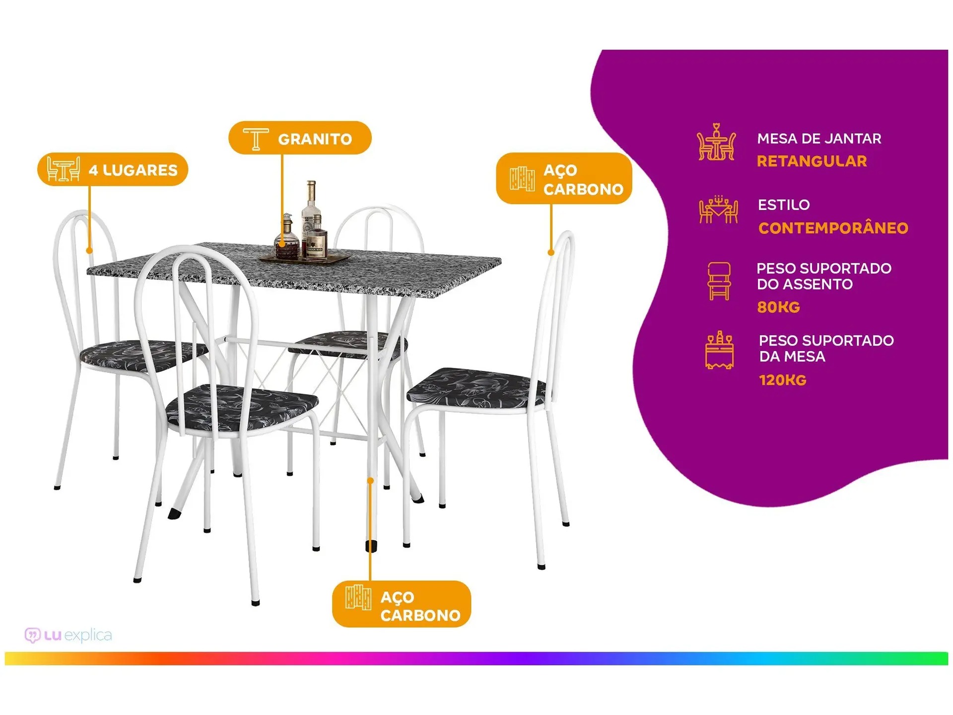 Mesa de Jantar 4 Cadeiras Retangular Branca - Artefamol America Bruna - Imagem 3