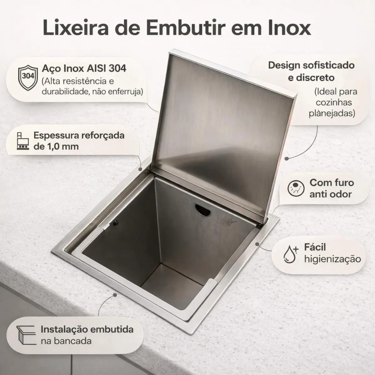 Kit Pia Cuba 70x40cm Inox 304 Com Torneira Extensível, Lixeira 4L e Dispenser de detergente de Embutir, porta esponja com Ventosa Cozinha Gourmet - Cozix - Imagem 3