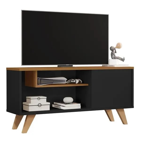Rack Bancada Para tvs Pés Palito Retrô Com Porta e Nicho Eitor cor: Preto / Nature - MJM Casa dos Moveis - MJM Casa dos Móveis - Imagem 3