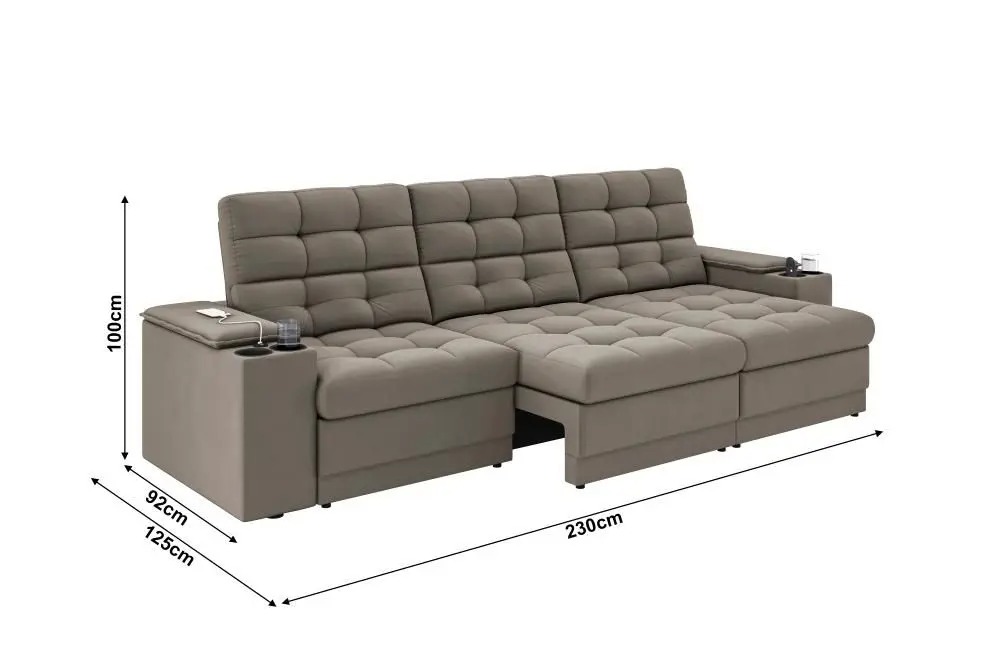 Sofá Confort Premium 2,30m Assento Retrátil/Reclinável porta copos e USB Suede Capuccino - XFlex Sofas - XFlex Sofás - Imagem 2