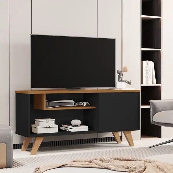 Rack Bancada Para tvs Pés Palito Retrô Com Porta e Nicho Eitor cor: Preto / Nature - MJM Casa dos Moveis - MJM Casa dos Móveis - Imagem 4