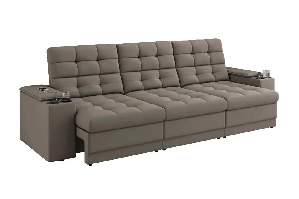 Sofá Confort Premium 2,30m Assento Retrátil/Reclinável porta copos e USB Suede Capuccino - XFlex Sofas - XFlex Sofás - Imagem 3