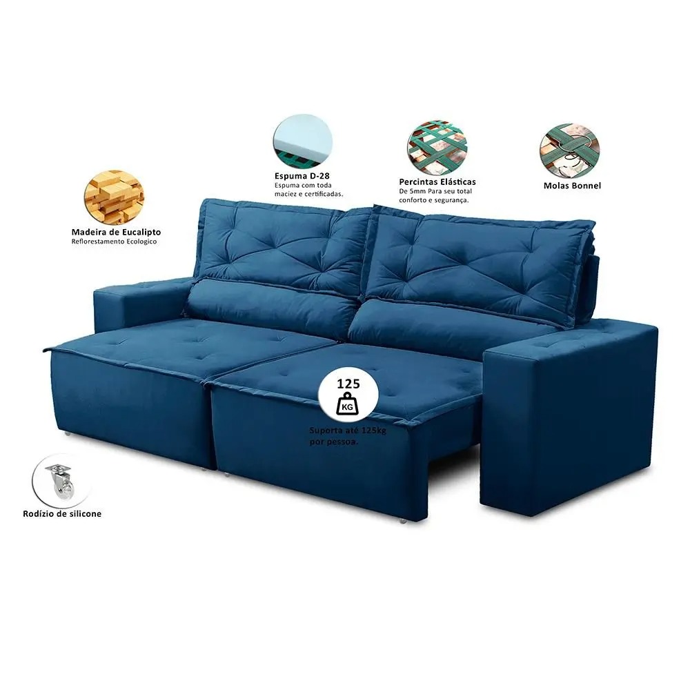 Sofá Retrátil e Reclinável 3 lugares com Molas 2,00m Livia Suede Azul Adonai Estofados - Imagem 2