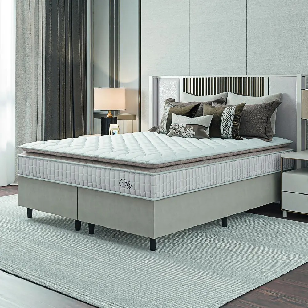 Cama Box Colchão Casal Queen Molas Ensacadas City Pillow Top 158x198x61cm Branco / Bege Hellen - Suporta até 110kg por Pessoa