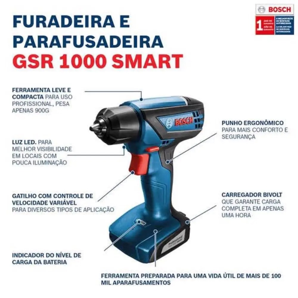 Parafusadeira Furadeira GSR 1000 SMART 12V com Estojo Brocas BOSCH - Imagem 2