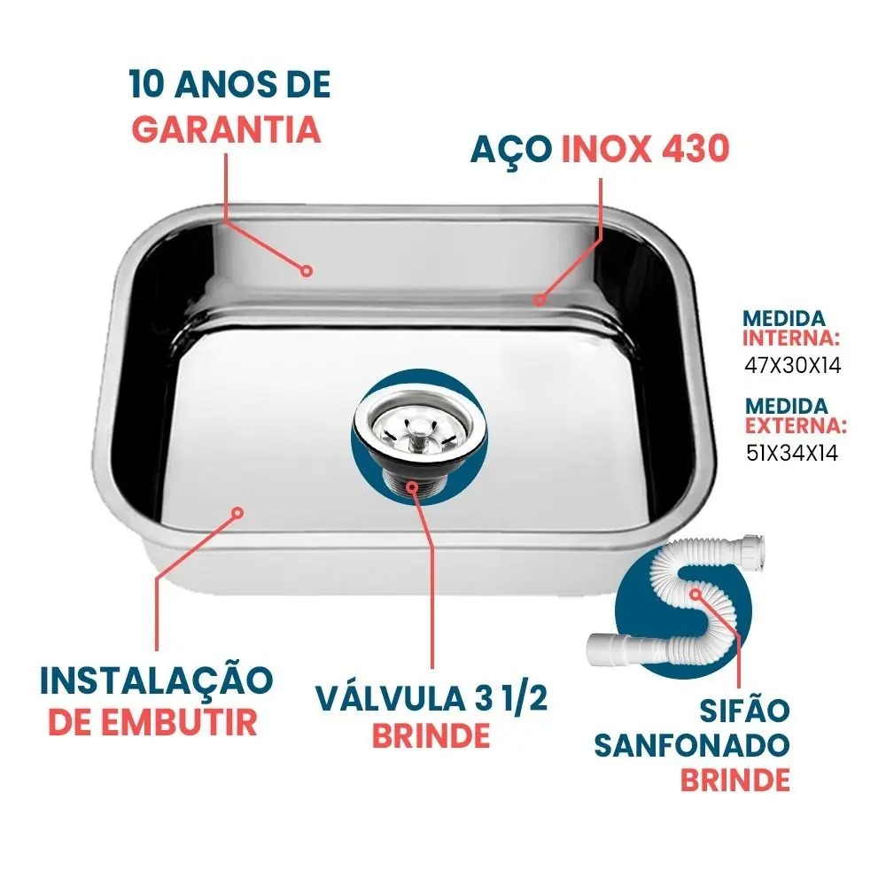 Cuba Pia Numero 1 Cozinha Inox AS 47x30x14 AS - Imagem 4
