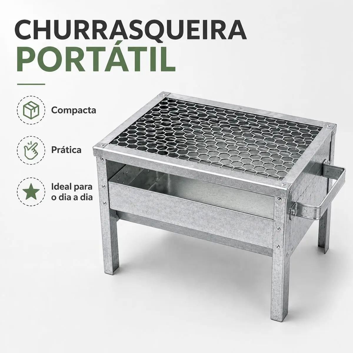 Churrasqueira/Grill Galvanizada C/ Grelha Portátil Aço Anti Corte - Kvell