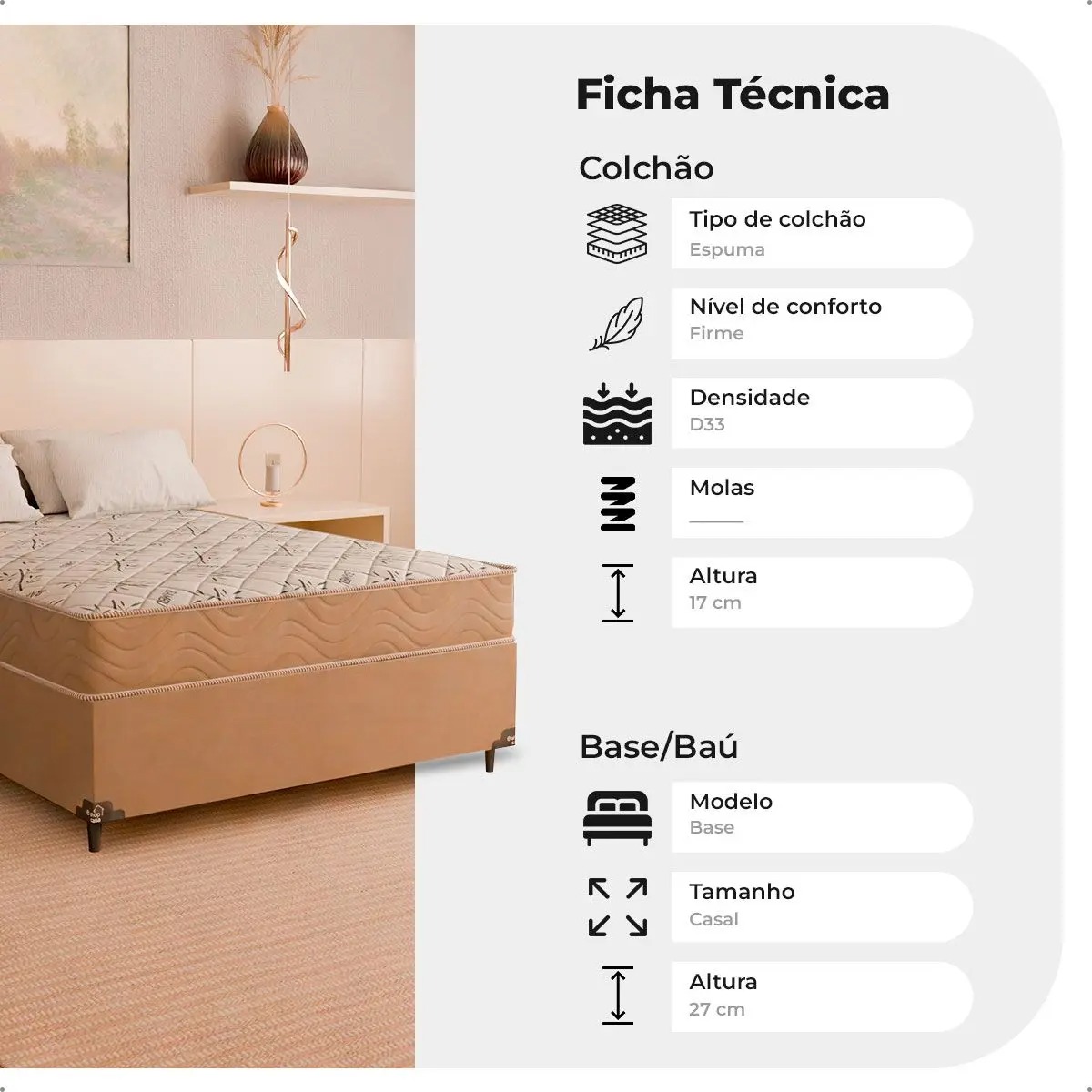 Cama Box Casal + Colchão D33 One Face - 56x138x188cm - Suede Bege - e-Shop Casa - Imagem 2