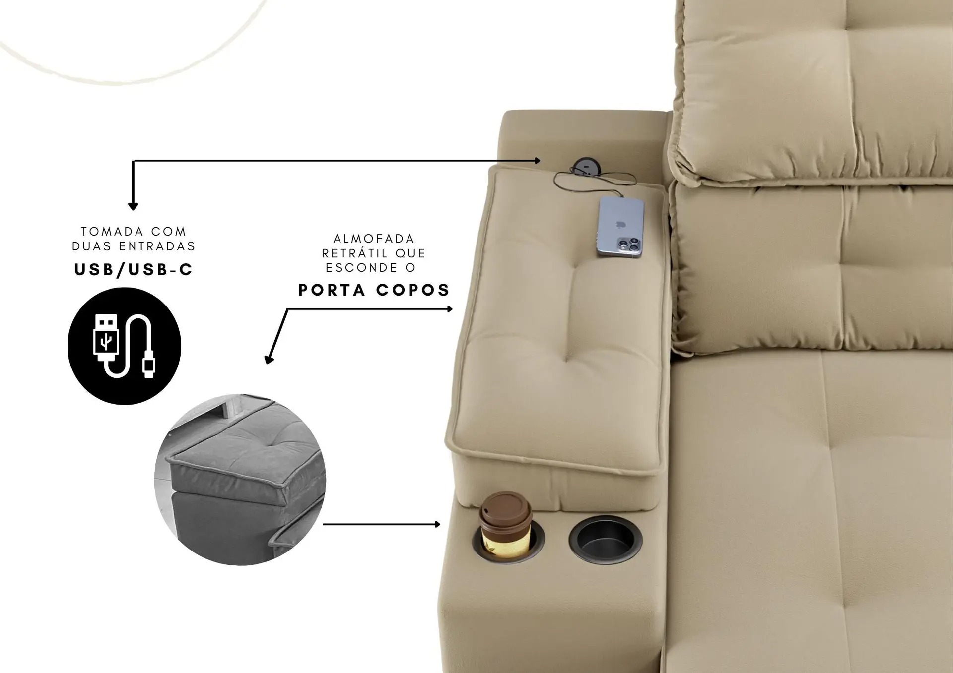 Sofá Retrátil Reclinável 3 Lugares USB Porta-Copos Suede 2,00m Santiago - Cialar - Imagem 2