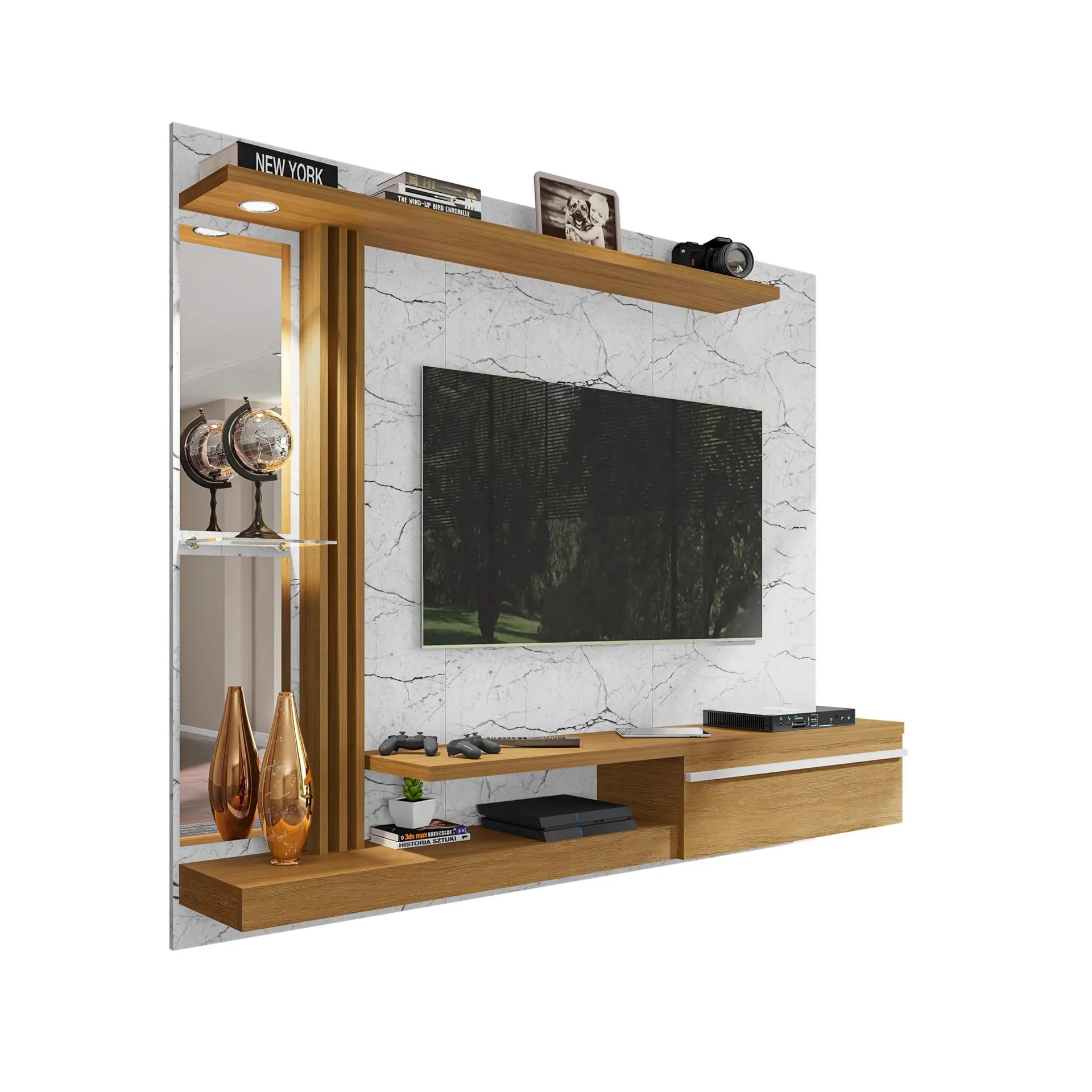 Painel para TV até 55 Polegadas com LED 160CMX136CM Prateleira de Vidro Denver Branco - Móveis Bechara - Imagem 3