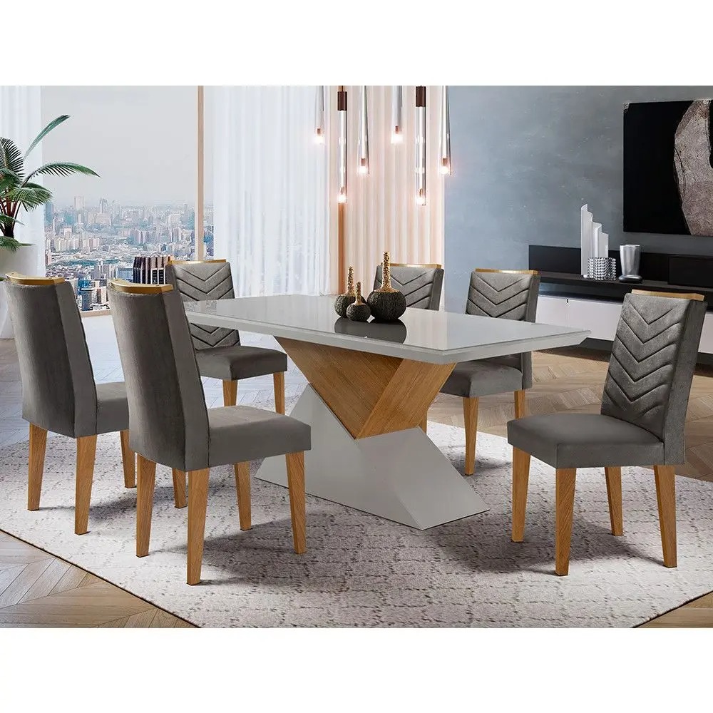 Sala de jantar Aster 180 Tampo em MDF e Vidro com 6 Cadeiras Liz Moderna - Moderna Mobília