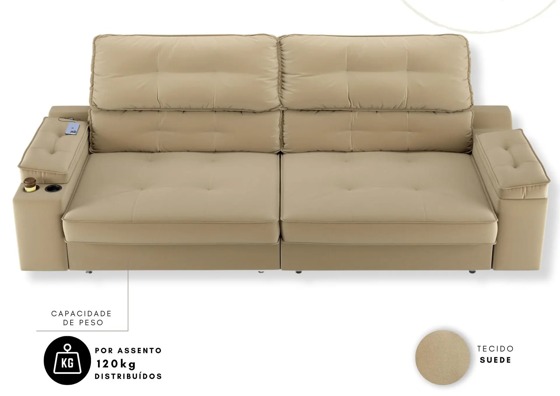 Sofá Retrátil Reclinável 3 Lugares USB Porta-Copos Suede 2,00m Santiago - Cialar - Imagem 5