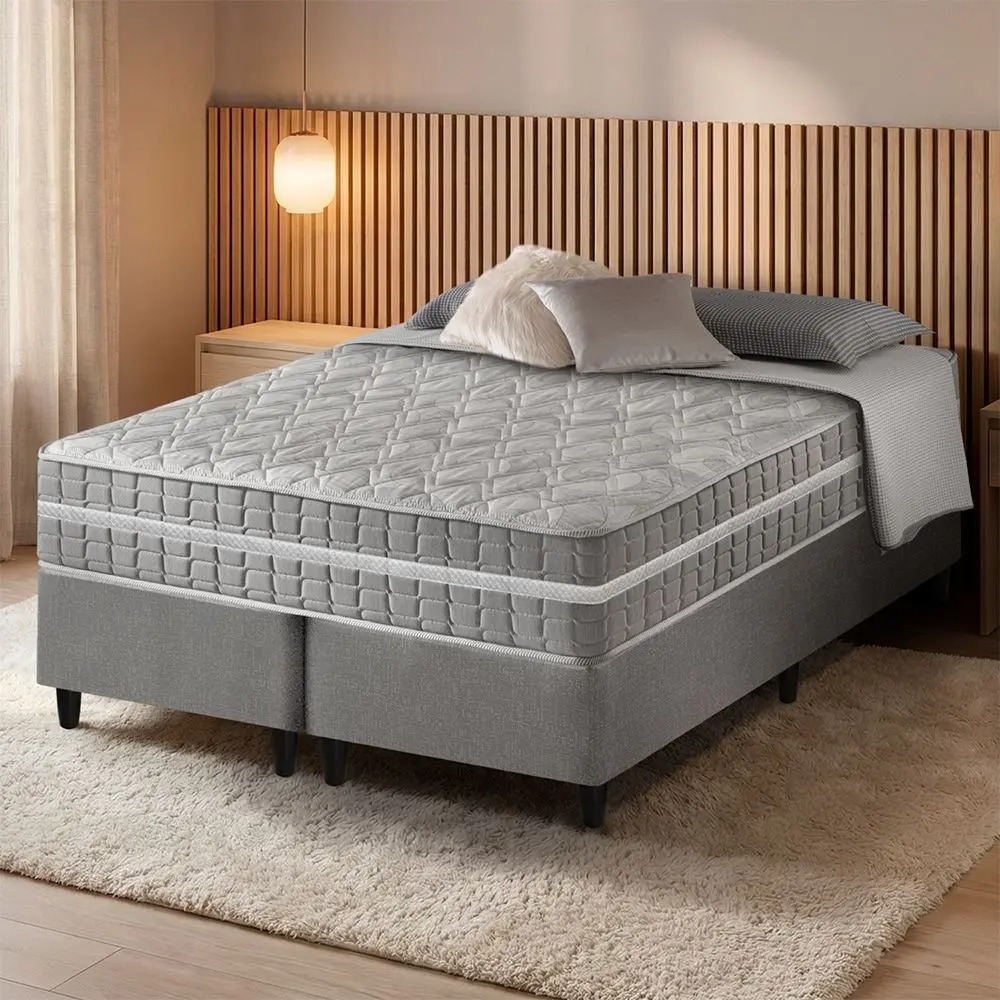 Cama Box Queen Bipartido Cinza Colchão Molas Ensacadas Zidi Alabama 158x198x61cm