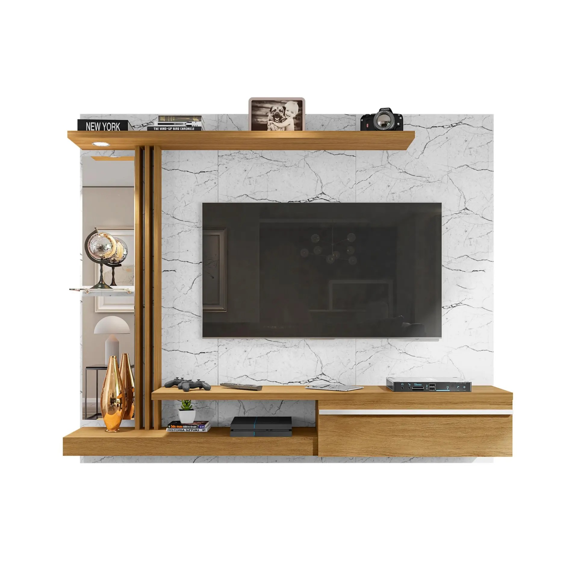 Painel para TV até 55 Polegadas com LED 160CMX136CM Prateleira de Vidro Denver Branco - Móveis Bechara - Imagem 2