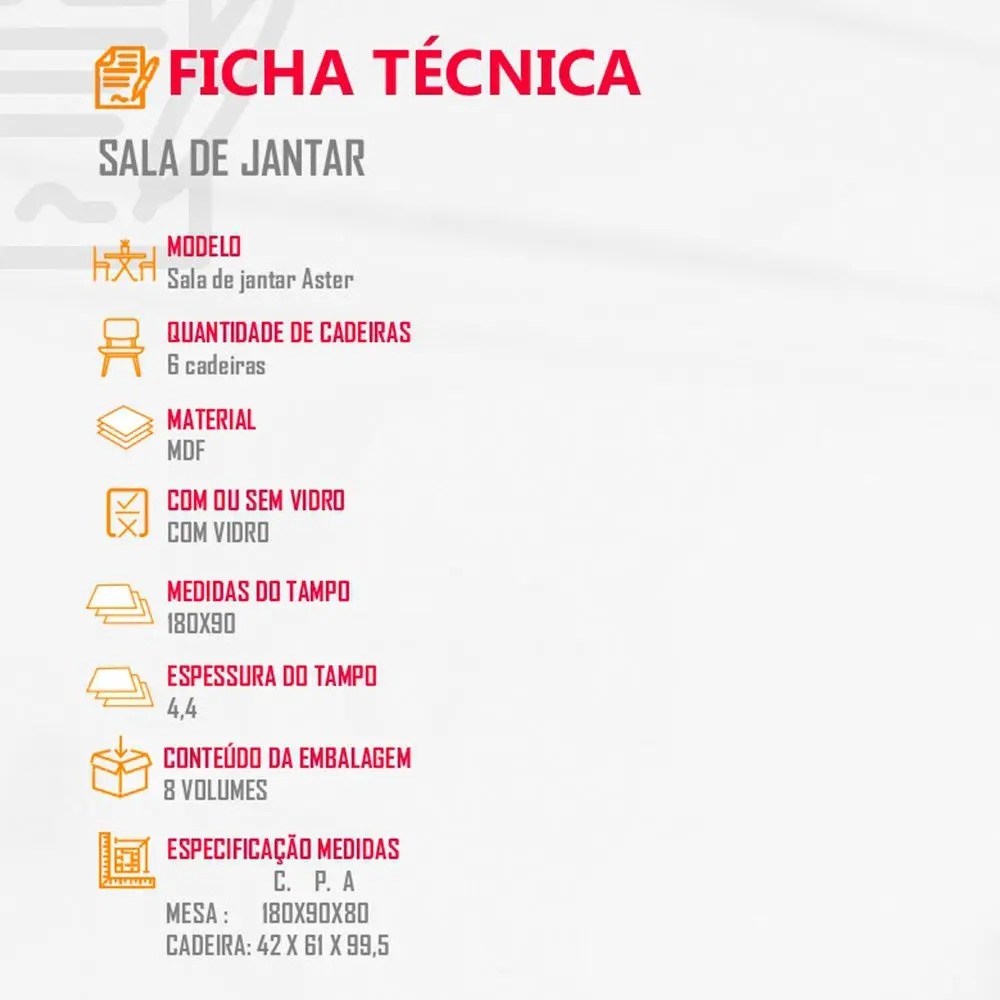 Sala de jantar Aster 180 Tampo em MDF e Vidro com 6 Cadeiras Liz Moderna - Moderna Mobília - Imagem 5